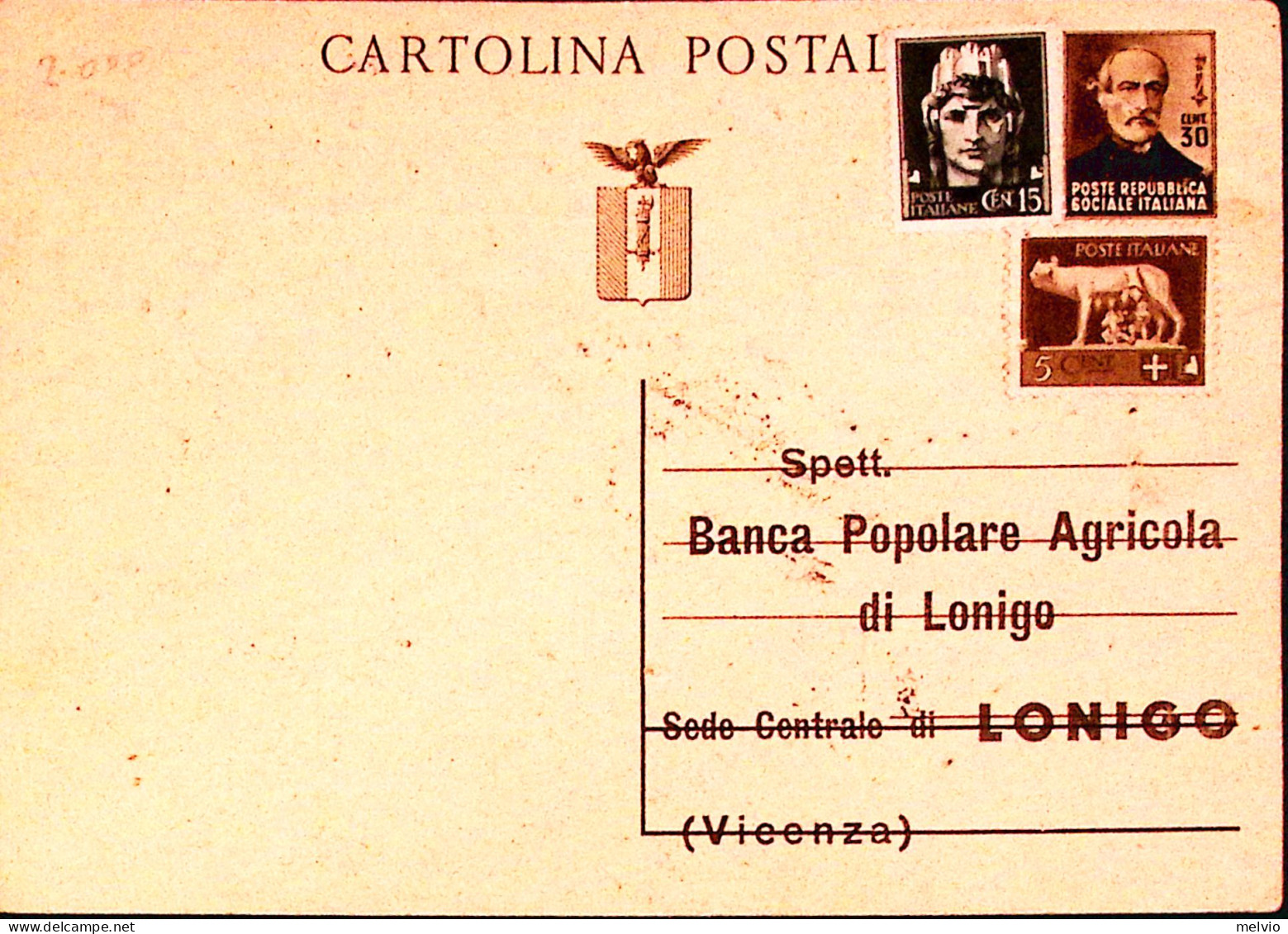 1944-Cartolina Postale Mazzini Sopr.privata B. Pop. Agricola Di Lonigo Con Fr.ll - Marcofilía