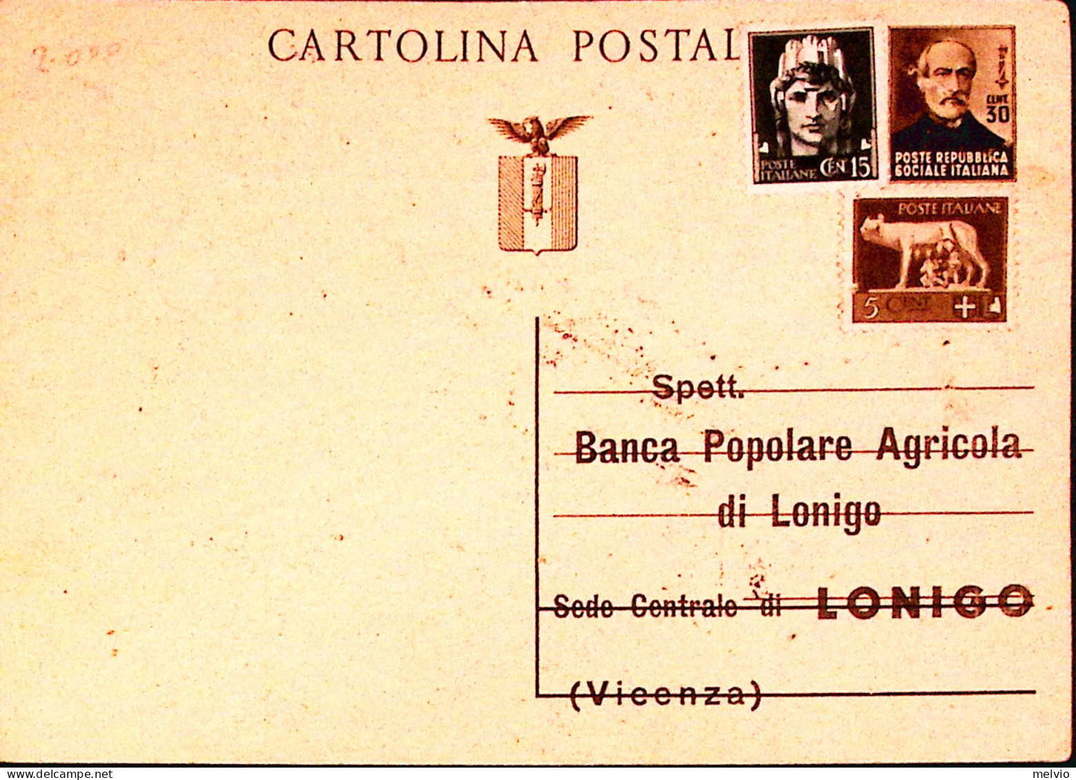 1944-Cartolina Postale Mazzini Sopr.privata B. Pop. Agricola Di Lonigo Con Fr.ll - Poststempel