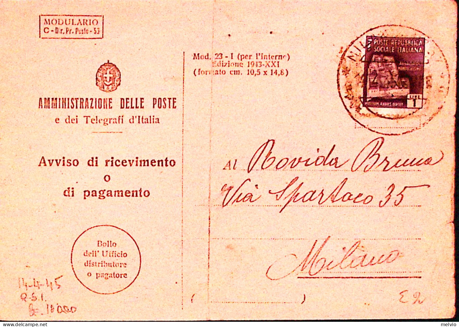 1945-Monumenti Lire 1 Isolata Su Avviso Ricevimento (14.4) Piega Centrale - Marcophilie