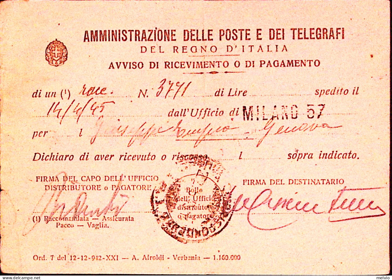 1945-Monumenti Lire 1 Isolata Su Avviso Ricevimento (14.4) Piega Centrale - Poststempel