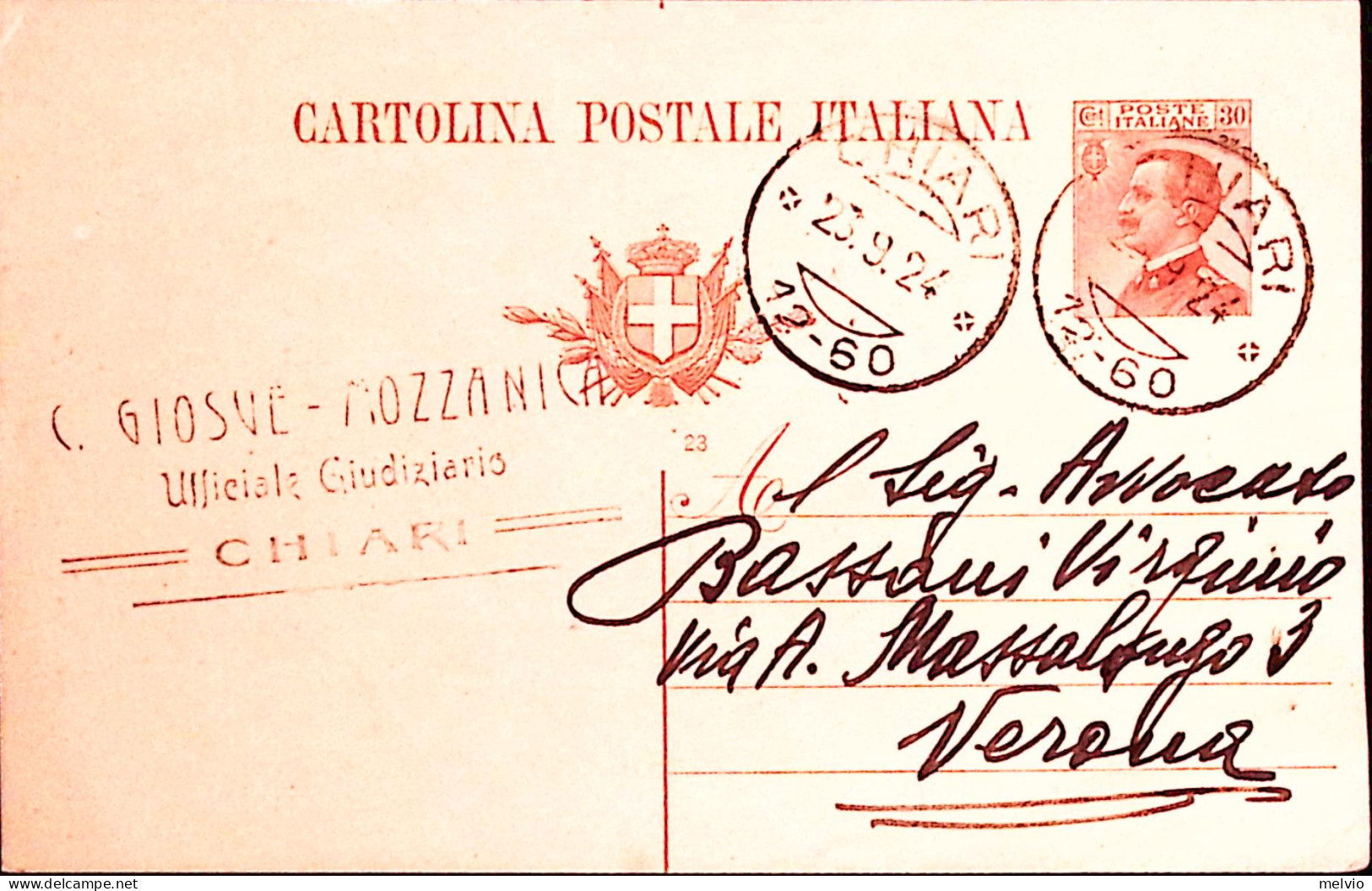 1924-CHIARI C.2 (23.9) Su Cartolina Postale Michetti C.30 Mill. 23 Fori Spillo - Ganzsachen