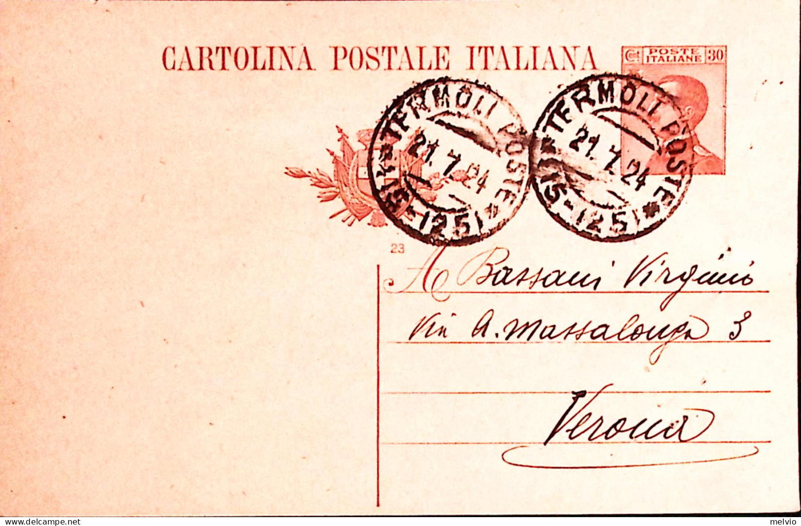 1924-TERMOLI C.2 (21.1) Su Cartolina Postale Michetti C.30 Mill. 23 Fori Spillo - Ganzsachen