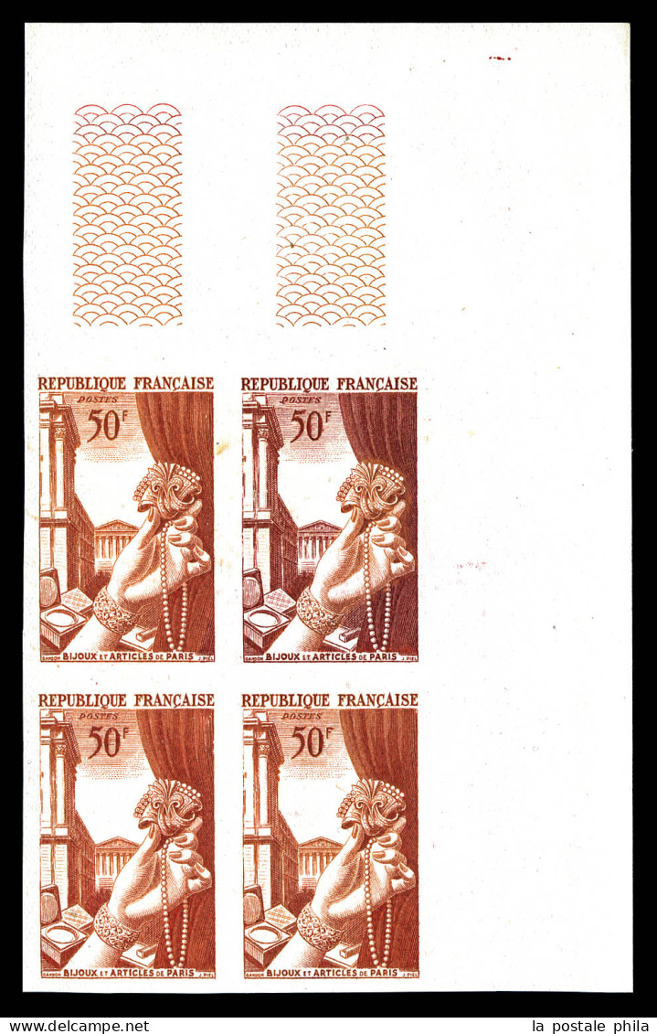 ** N°973A, (N°Maury), Non émis: Joaillerie 50F Carmin-brun Non Dentelé En Bloc De Quatre Coin De Feuille, R.R.R (certifi - Unused Stamps