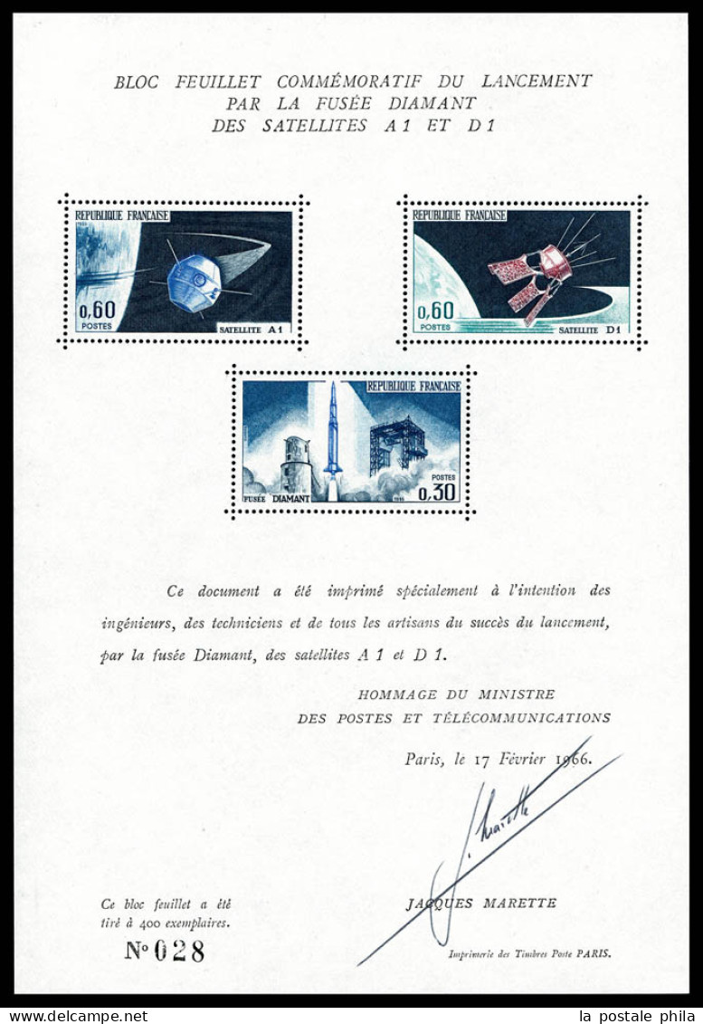 ** Feuillet Commémoratif Du Lancement Des Satellites A1 Et D1, Tirage 400 Exemplaires. R.R. SUP (certificat)  Qualité: * - Unused Stamps