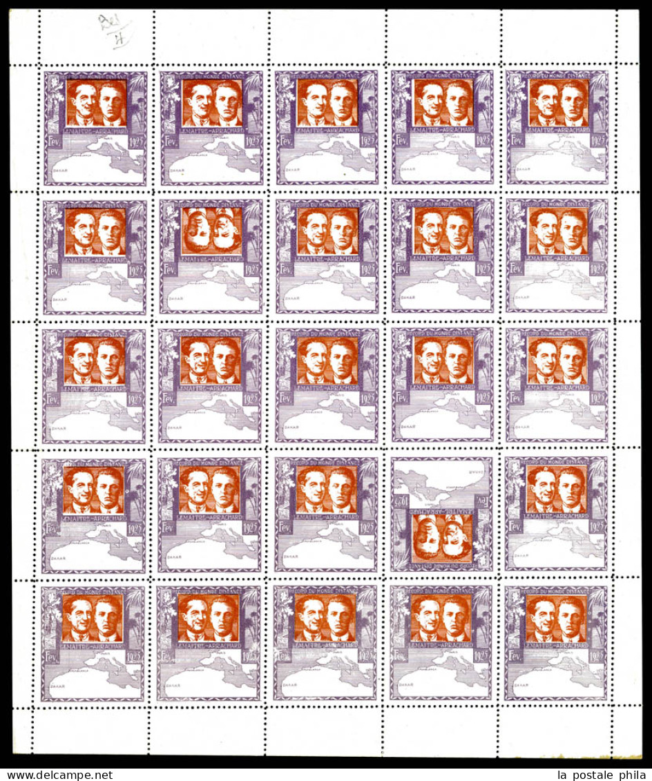 ** Vignettes Meetings Aériens. Lemaître-Arrachard 1925, Feuille Complète De 25 Ex Avec Variétés Tête-bêche, Centre Renve - 1927-1959 Ungebraucht