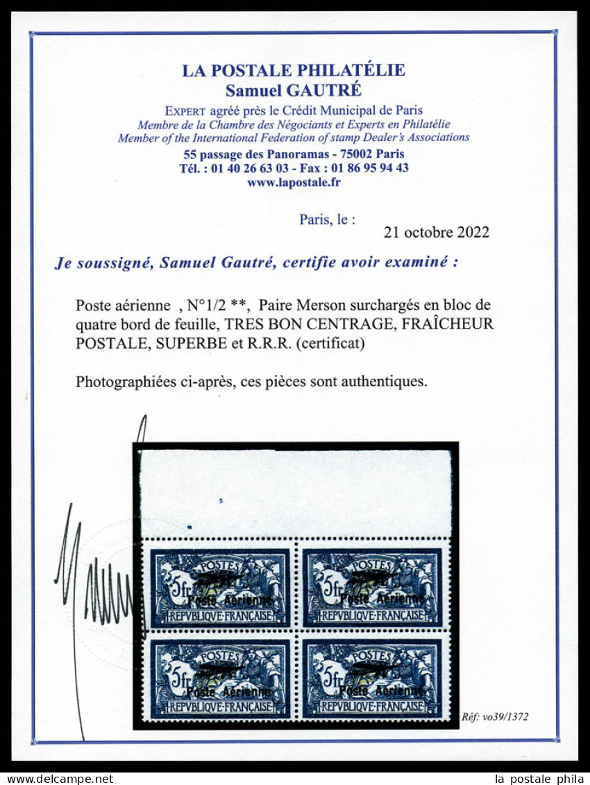 ** N°1/2, Paire Merson Surchargés En Bloc De Quatre Bord De Feuille, TRES BON CENTRAGE, FRAÎCHEUR POSTALE, SUPERBE Et R. - 1927-1959 Mint/hinged