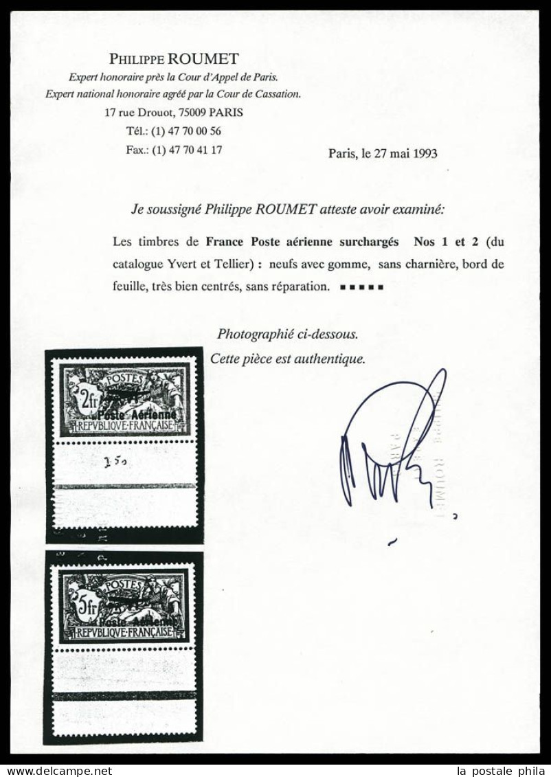 ** N°1/2, Paire Merson Surchargée, Bas De Feuille, Très Bon Centrage. SUP. R. (signé Calves/certificat)  Qualité: **  Co - 1927-1959 Postfris