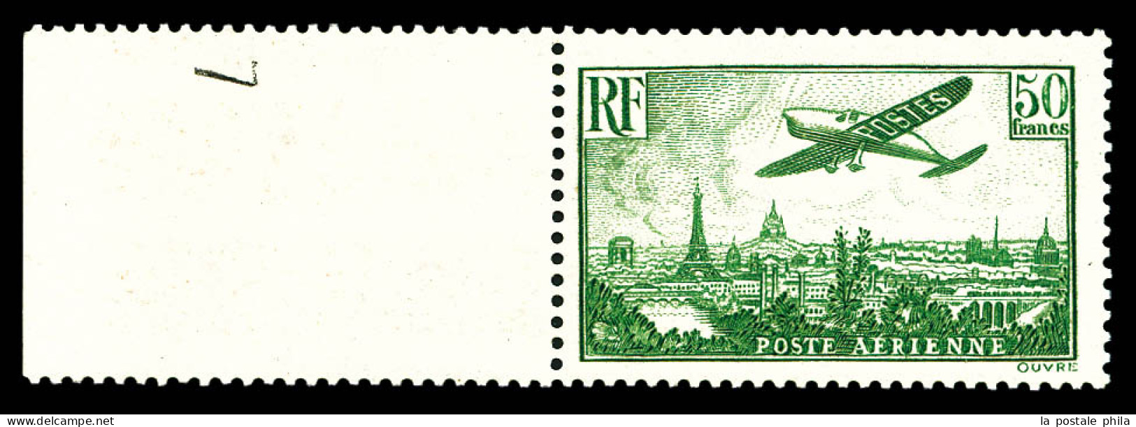 ** N°14, Avion Survolant Paris, 50F Vert-jaune, Bord De Feuille. SUP (signé Calves/certificat)  Qualité: **  Cote: 2000  - 1927-1959 Mint/hinged