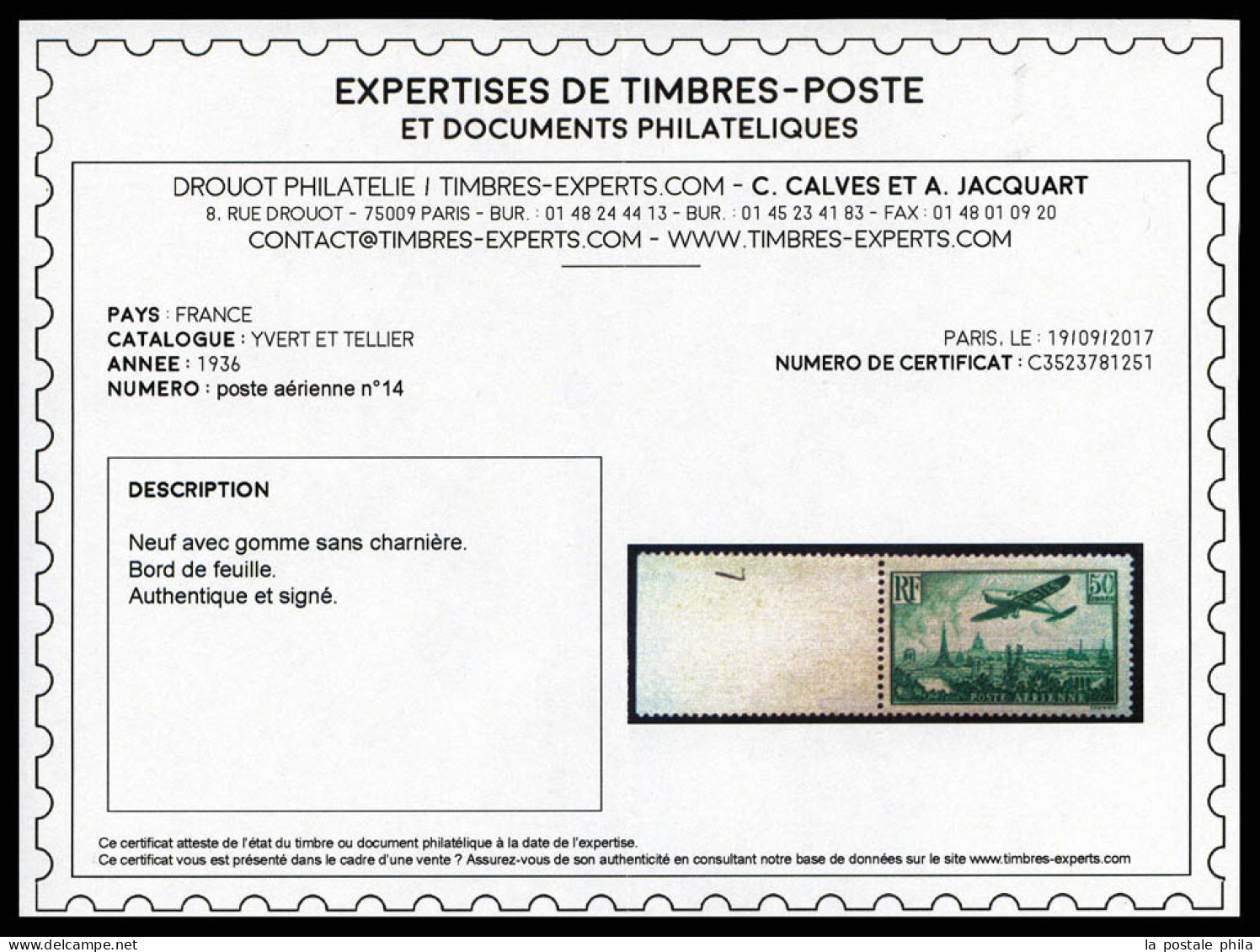 ** N°14, Avion Survolant Paris, 50F Vert-jaune, Bord De Feuille. SUP (signé Calves/certificat)  Qualité: **  Cote: 2000  - 1927-1959 Mint/hinged