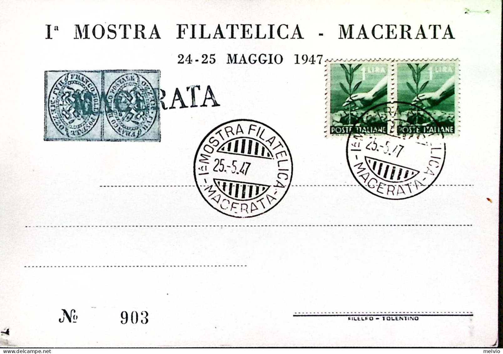 1947-MACERATA 1 Mostra Filatelica (25.5) Annullo Speciale Su Cartolina - Expositions