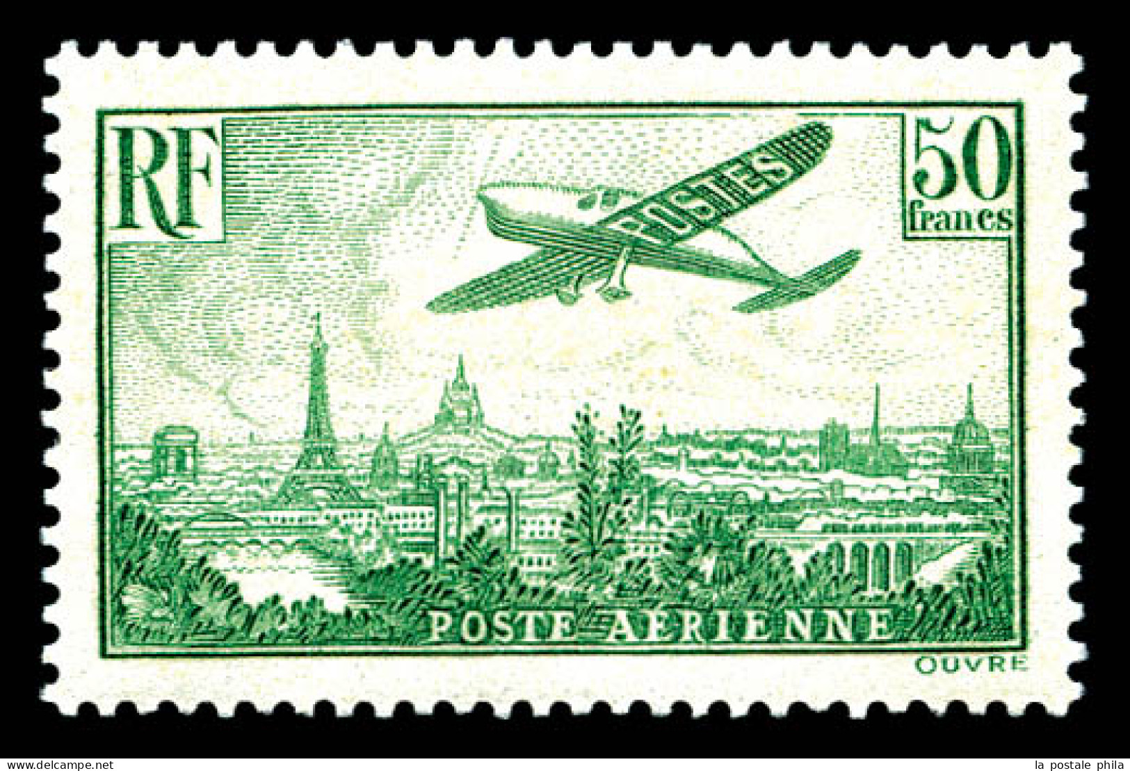 ** N°14, Avion Survolant Paris, 50F Vert-jaune, Infime Froissure De Gomme, TB (certificat)  Qualité: **  Cote: 2000 Euro - 1927-1959 Mint/hinged