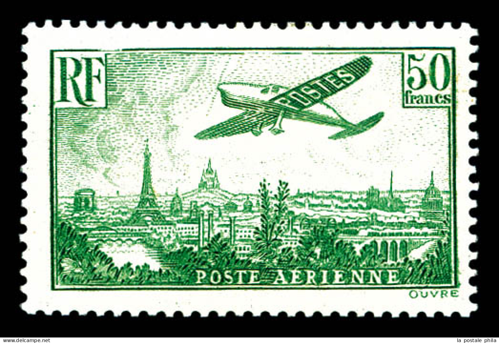 * N°14, Avion Survolant Paris, 50F Vert, TB (certificat)  Qualité: *  Cote: 1100 Euros - 1927-1959 Neufs
