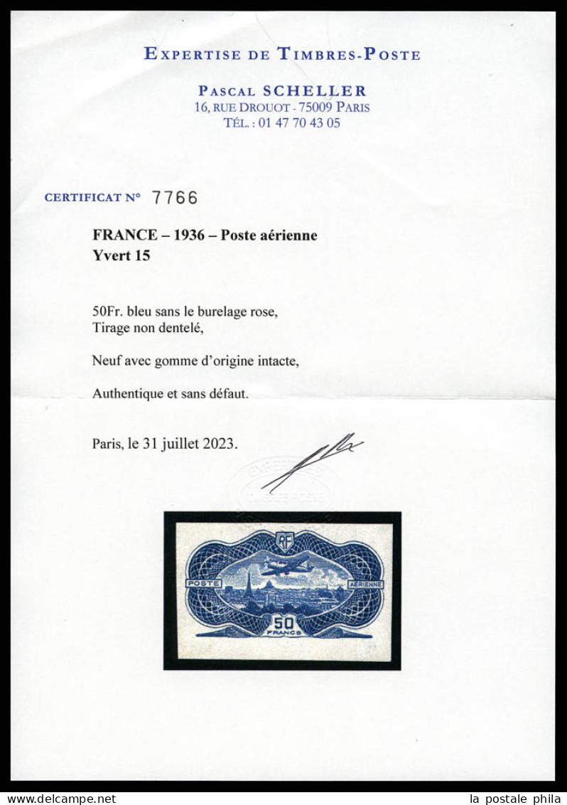 ** N°15, 50F Burelé Non Dentelé Et Sans Le Burelage Rose, Bord De Feuille Latéral, GRANDE RARETE DE LA POSTE AERIENNE FR - 1927-1959 Nuovi