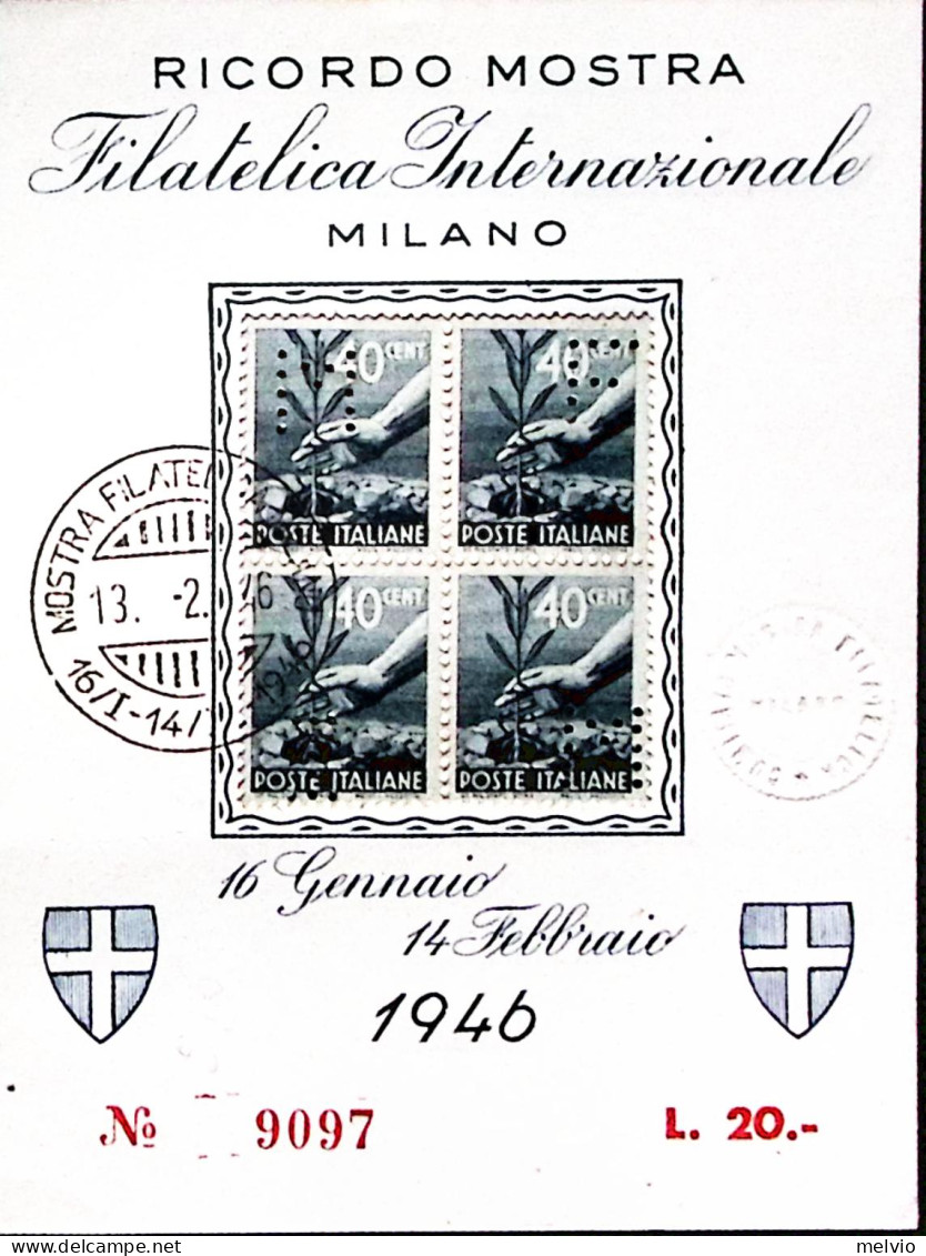 1946-MILANO Mostra Filatelica (13.2) Annullo Speciale Su Cartoncino Ricordo Affr - Expositions