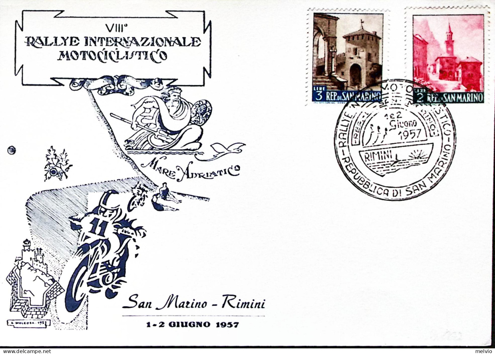 1957-SAN MARINO VII^RALLYE MOTOCICLISTICO San Marino-Rimini (1/2.6) Annullo Spec - Lettres & Documents