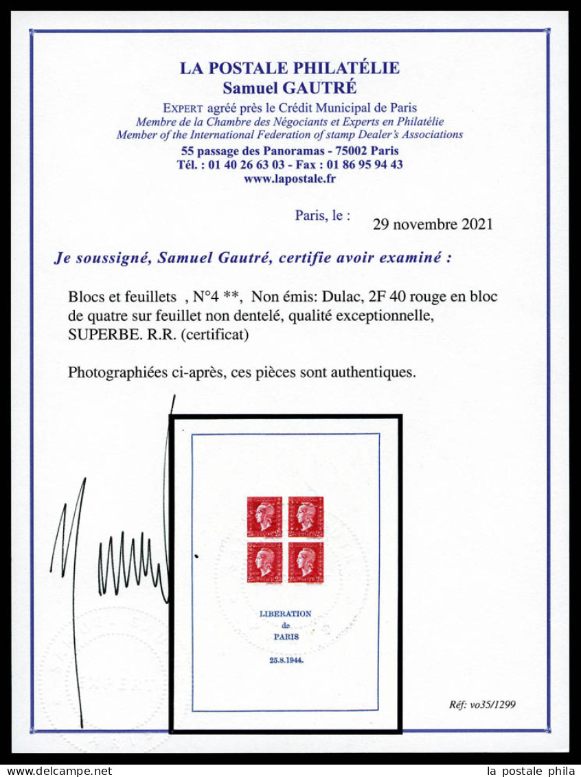 ** N°4, Non émis: Dulac, 2F 40 Rouge En Bloc De Quatre Sur Feuillet Non Dentelé, Qualité Exceptionnelle, SUPERBE. R.R. ( - Mint/Hinged