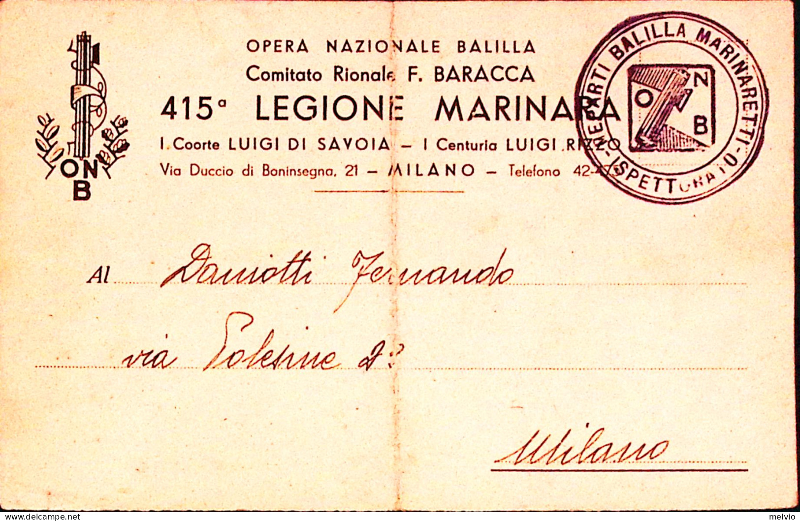 1936-MILANO O.N.B 415 LEGIONE MARINAI Cartolina Invito Per Adunata Viaggiata Mil - Patriotic