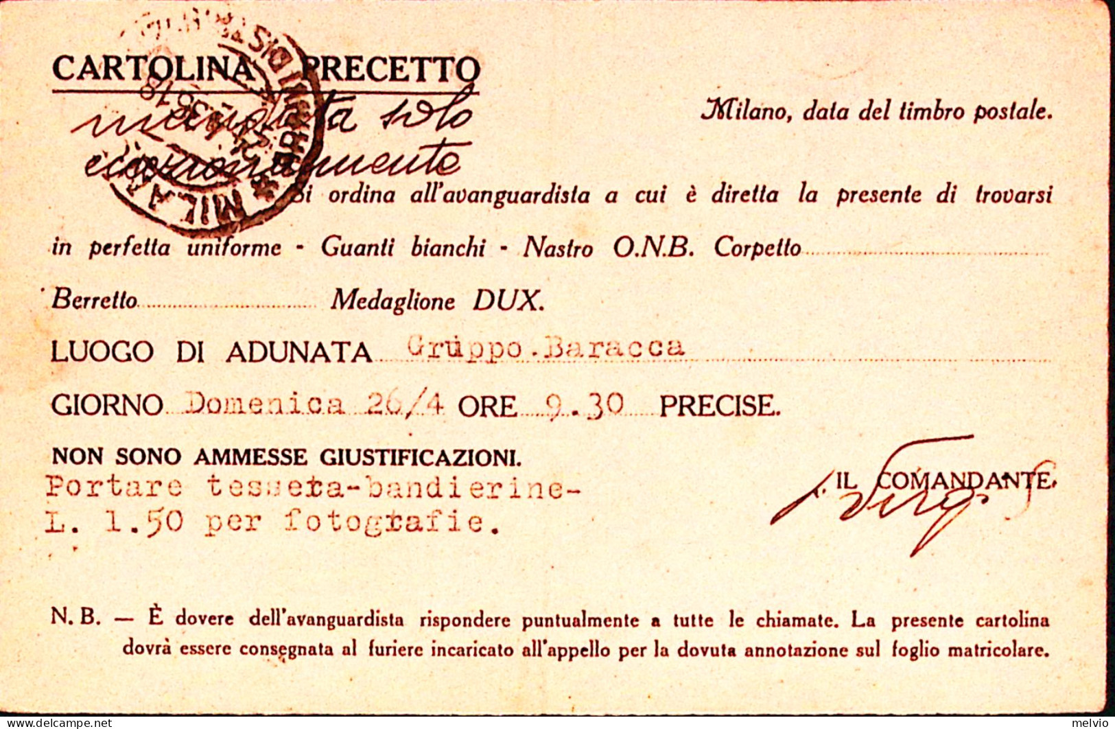 1936-MILANO O.N.B 415 LEGIONE MARINAI Cartolina Invito Per Adunata Viaggiata Mil - Patriotiques