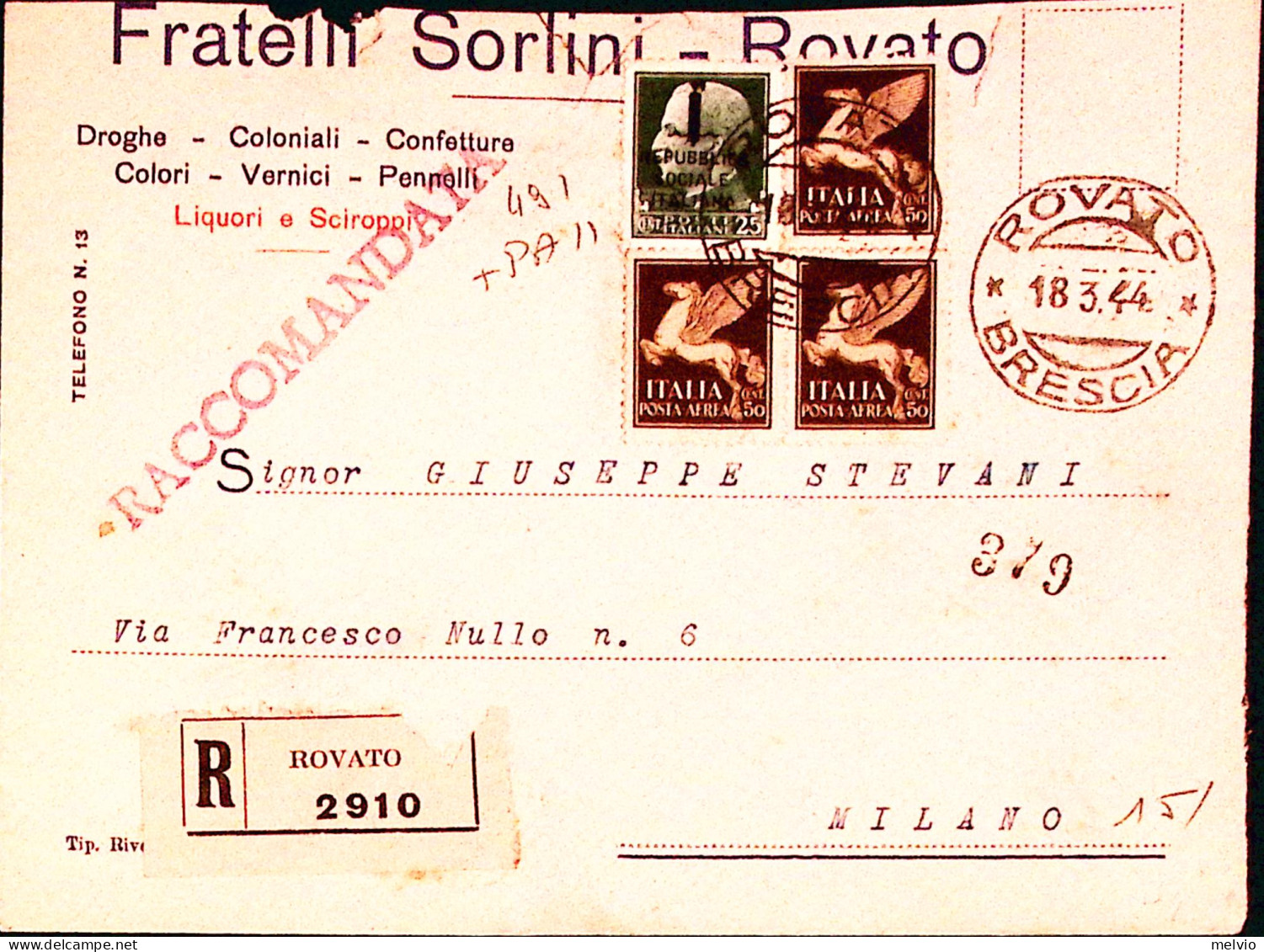 1944-Imperiale Sopr.RSI Lire 1,25 + Posta Aerea Singolo E Coppia C 50 Su Raccoma - Marcophilie