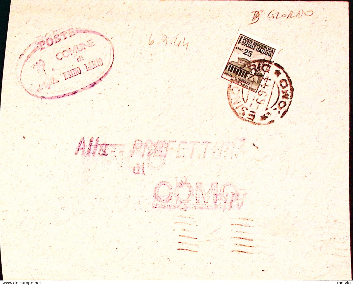 1944-Monumenti C.25 II^tipo Isolato Su Busta Esino Lario (6.9) Tariffa Ridotta S - Marcophilia