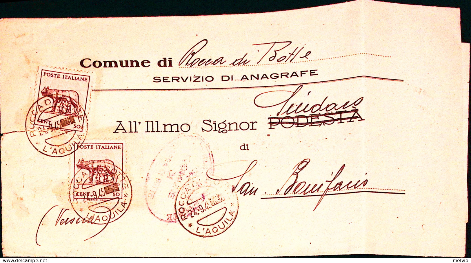 1945-LUPA Due C.50 Su Piego Rocca Di Botte (24.9) - Poststempel