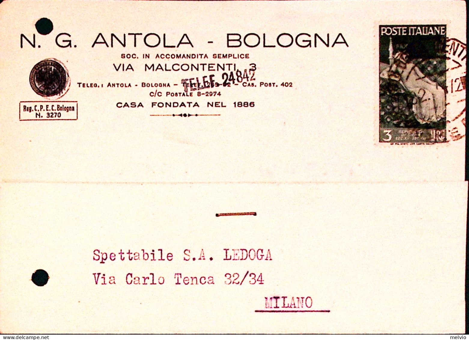 1947-BOLOGNA N. G. Antola Cartolina Con Intestazione A Stampa Affrancata Medioev - Bologna