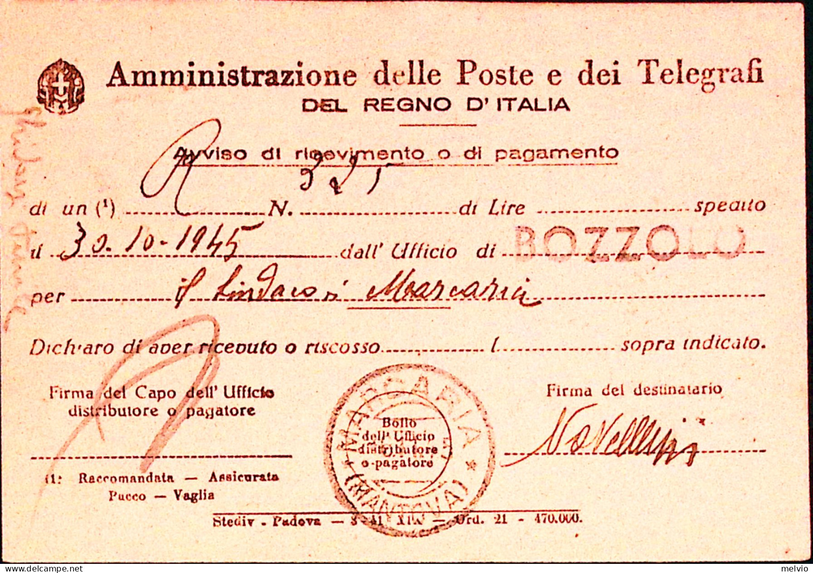1945-Imperiale Senza Fasci Lire 2 Isolato Su Avviso Ricevimento Bozzolo (3.11) - Marcophilie