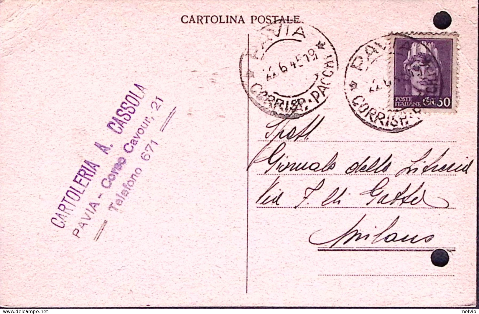 1945-Imperiale S.F. C.50 Su Cartolina Pavia (25.6) Tariffa RSI Tollerata Fori Ar - Poststempel