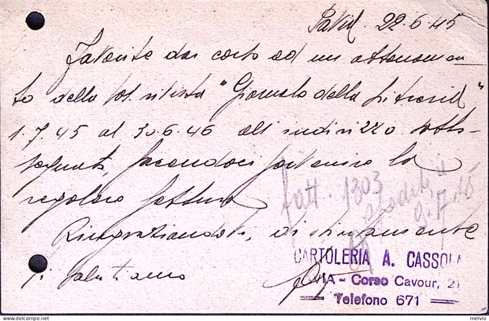 1945-Imperiale S.F. C.50 Su Cartolina Pavia (25.6) Tariffa RSI Tollerata Fori Ar - Storia Postale