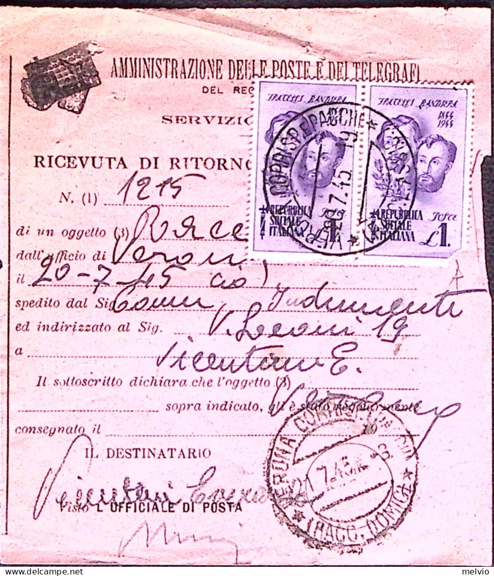 1945-FR.LLI BANDIERA Coppia Lire 1 Su Avviso Ricevimento Verona (20.7) - Poststempel