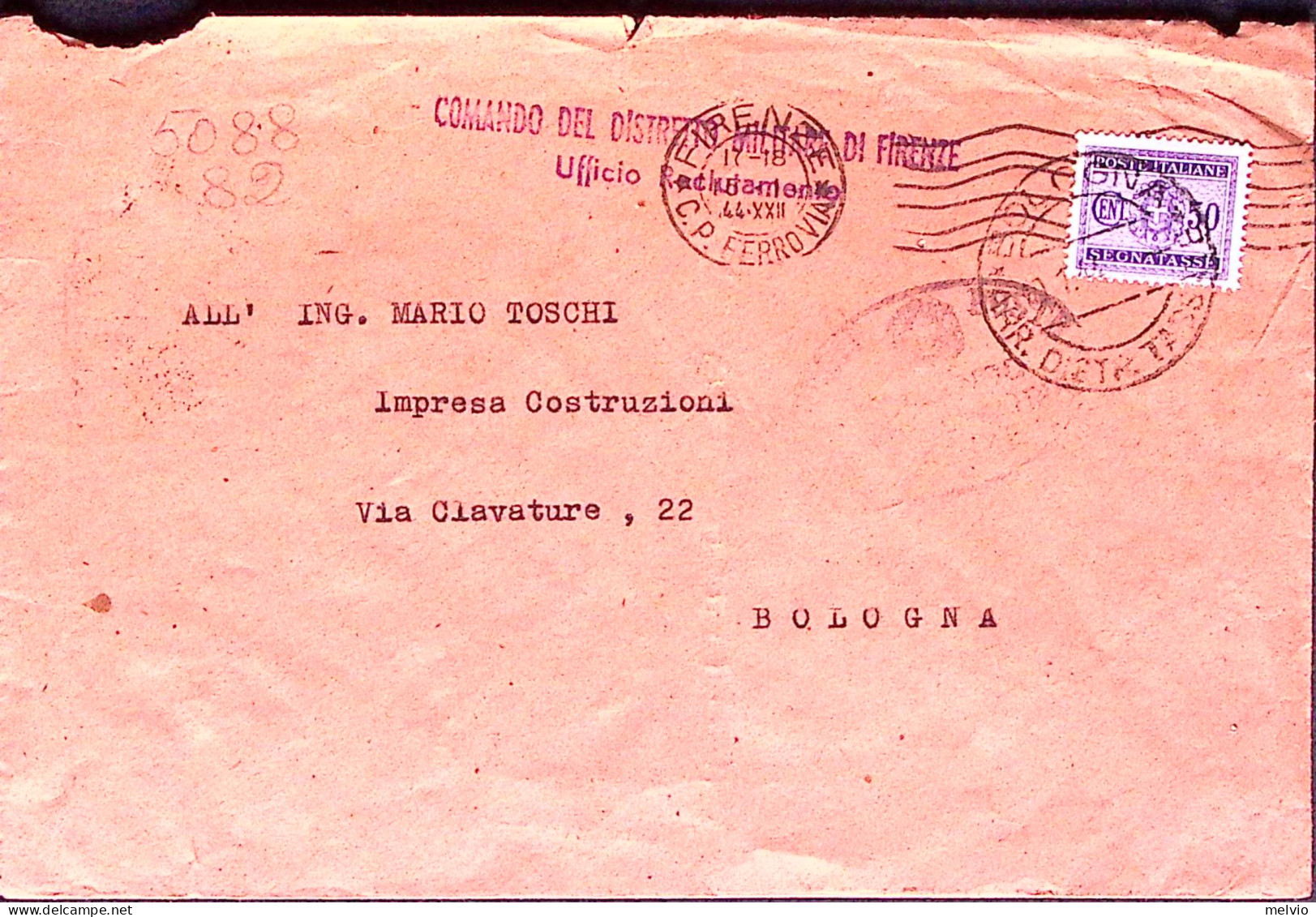 1944-RSI Segnatasse C.50 Apposto A Bologna (19.1) Su Busta Tassa Carico Destinat - Marcophilie