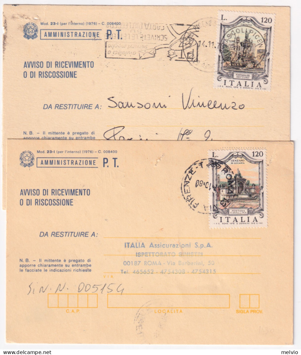1980-FONTANE 6 EMISSIONE I Tre Valori (1430/2) Isolati Su 3 Avviso Ricevimimento - 1971-80: Marcophilia