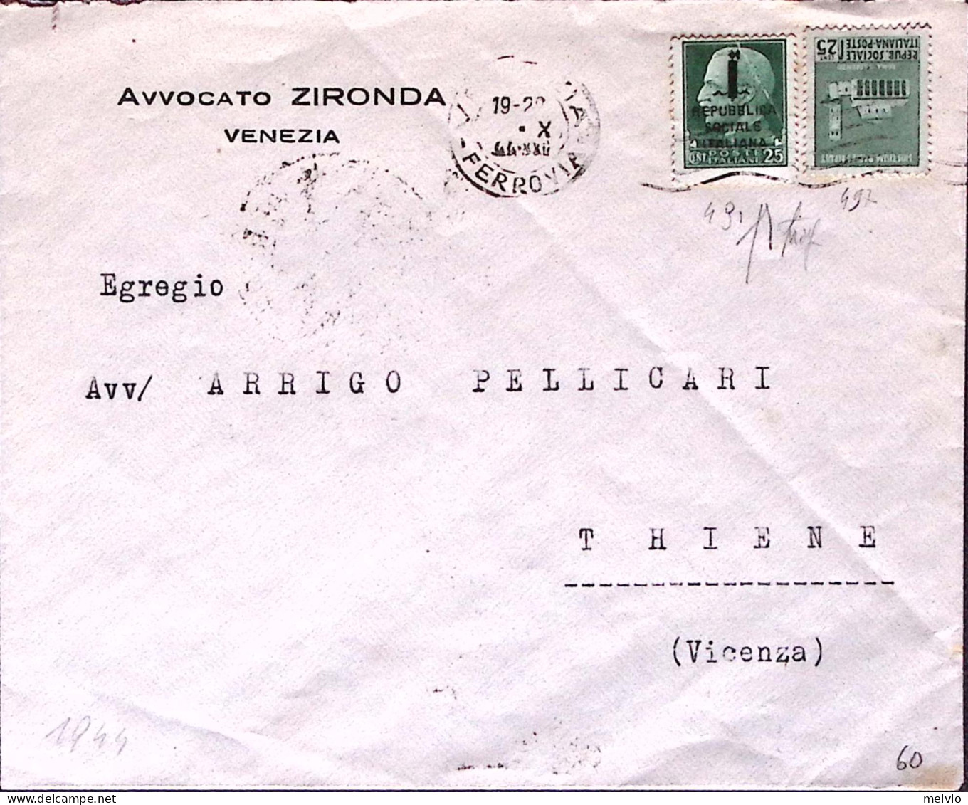 1944-RSI Imperiale Sopr.c.25 + Monumenti C.25 Su Busta Venezia (2.10) VALORI GEM - Marcophilia