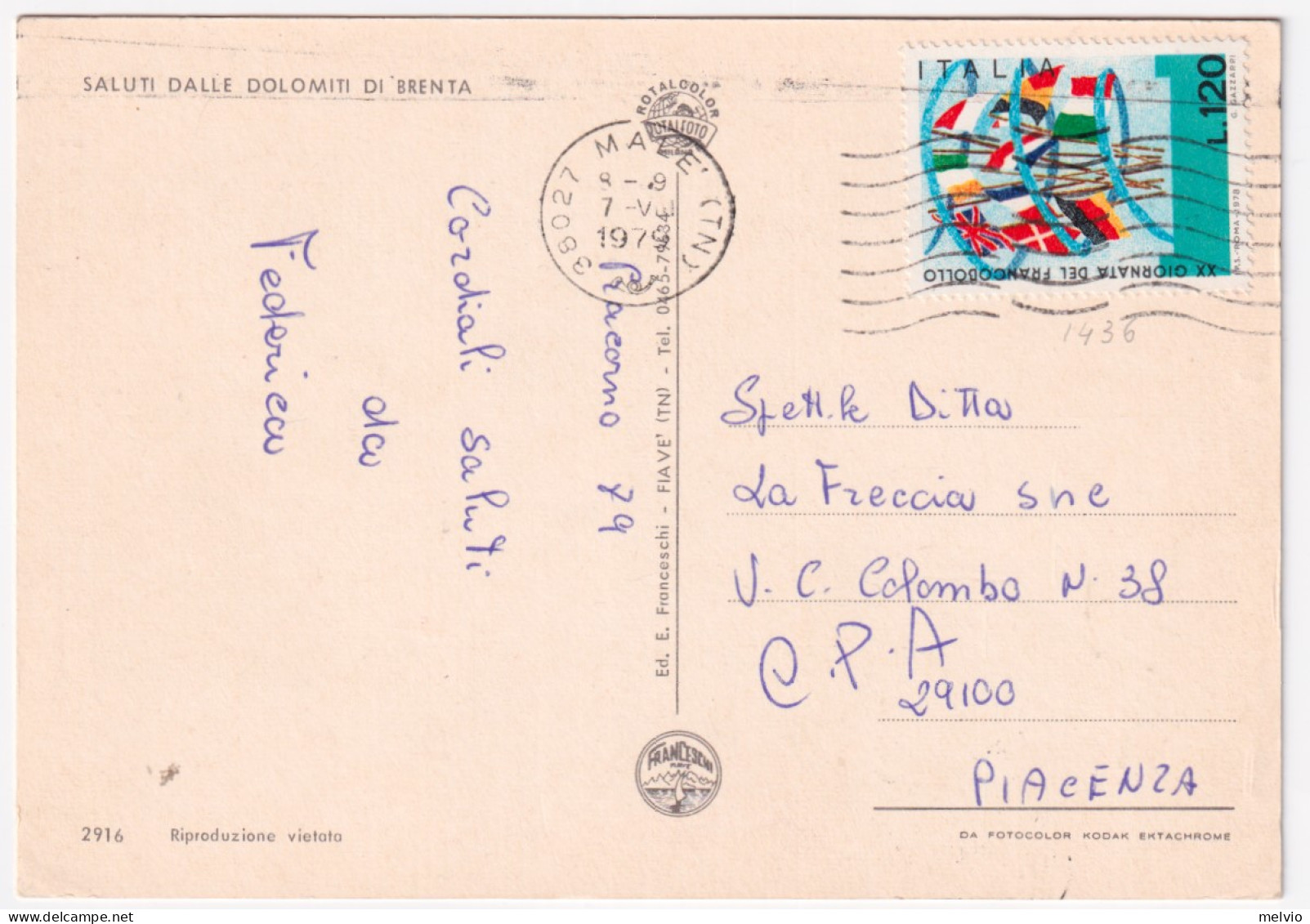 1979-GIORNATA FRANCOBOLLO Lire 120 (1436) Isolato Su Cartolina (Dolomiti Di Bren - 1971-80: Marcofilie