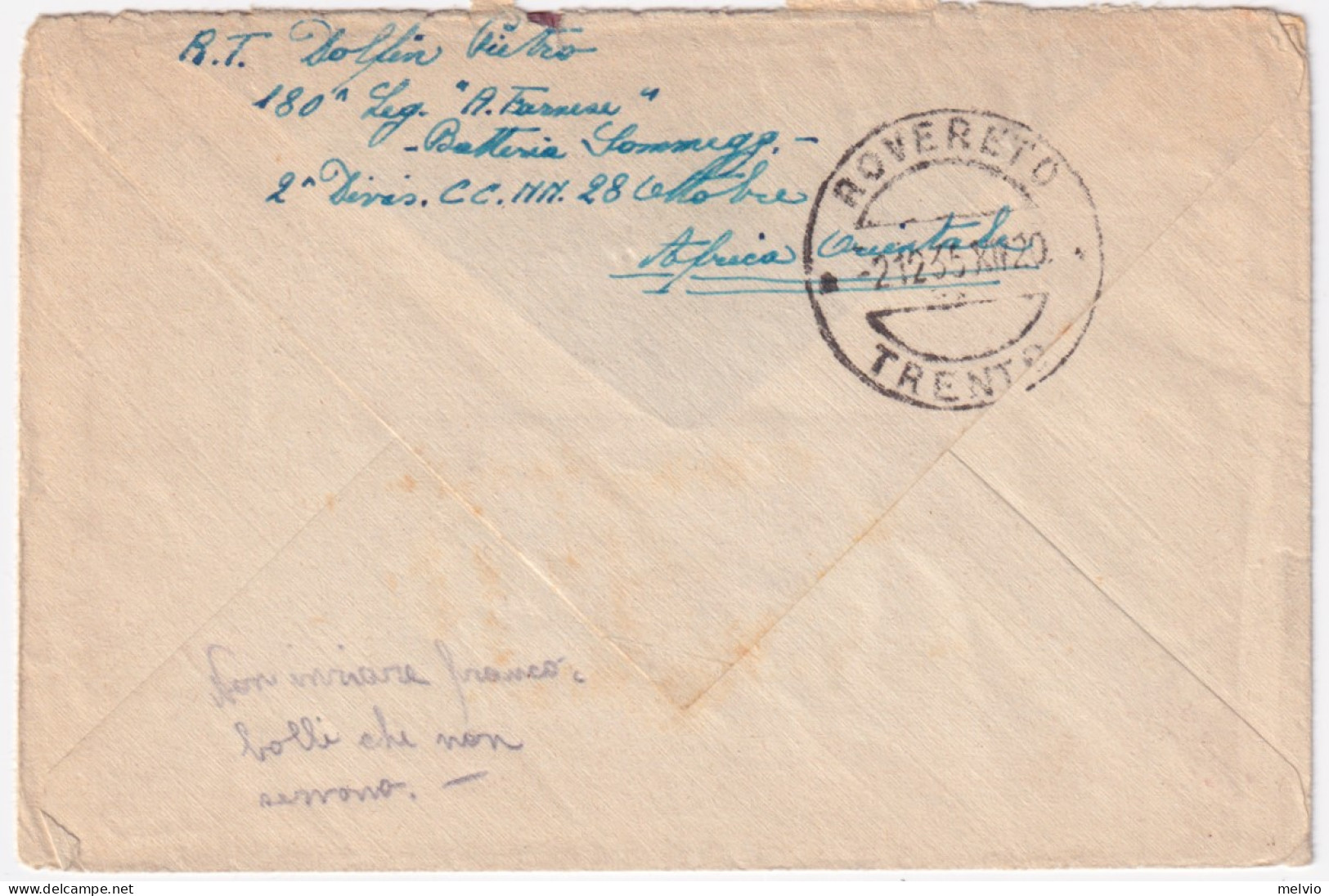 1935-Posta Militare N 25 C.2 (22.11) Su Busta Via Aerea Affrancata Eritrea - Eritrea