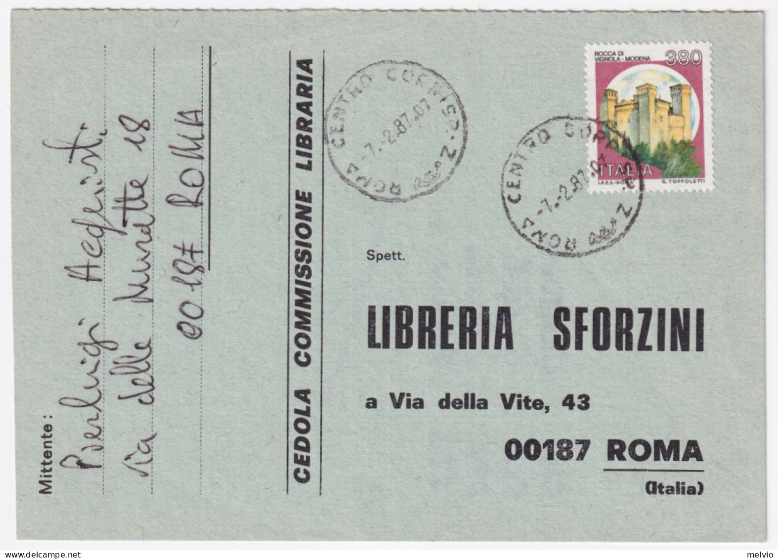 1987-CASTELLI Lire 380 (1519A) Isolato Su Cedola Commissione Libraria - 1981-90: Marcofilie