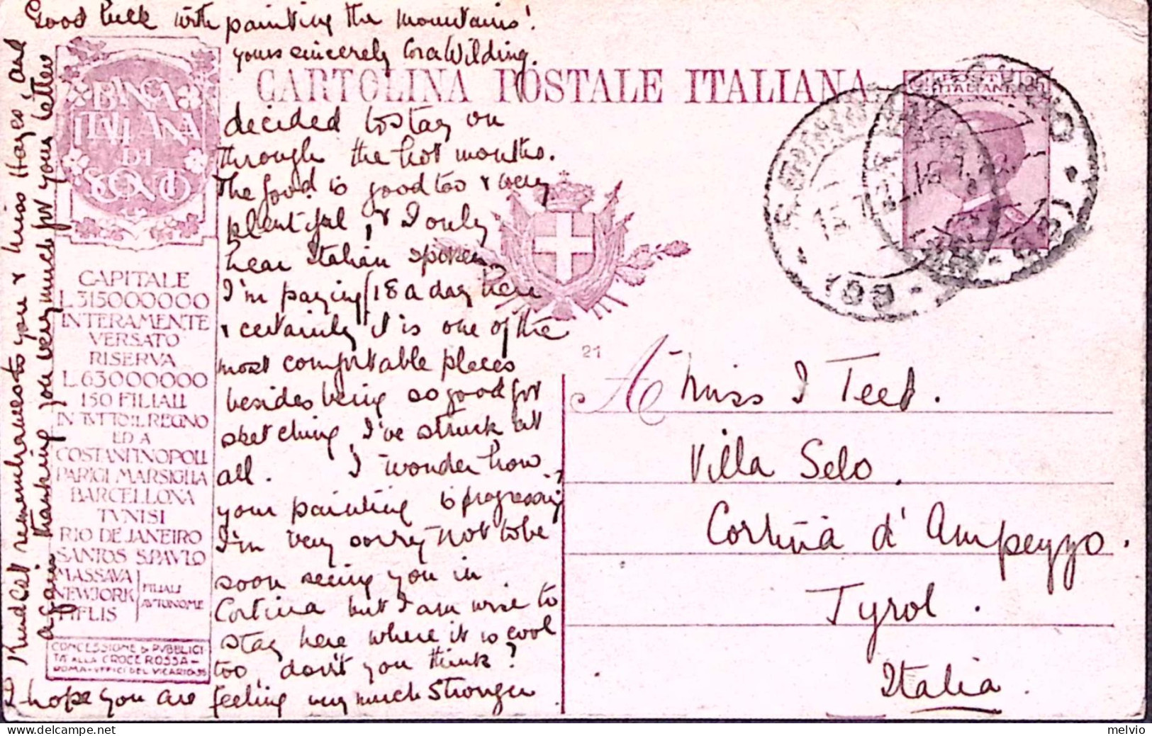 1924-Cartolina Postale C.25 Mill. 21 Tassello Pubblicitario Banca Italiana Scont - Entero Postal