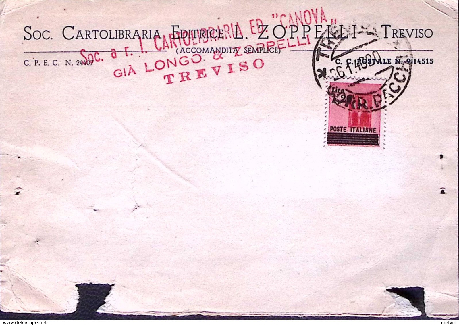 1945-Monumenti Sopr.lire 1,20/c.20 Isolato Su Cartolina Treviso (26.1) - Marcophilia