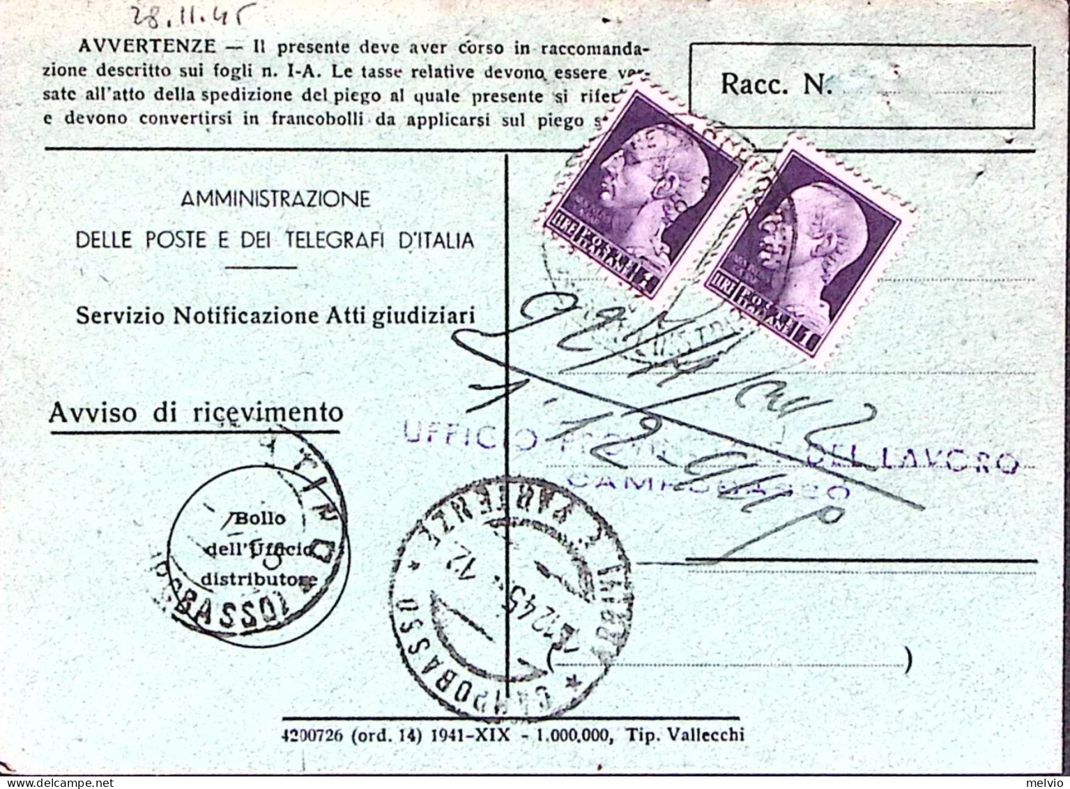 1945-Imperiale S.F. Due Lire 1 Su Avviso Ricevimento Campobasso (28.11) - Poststempel