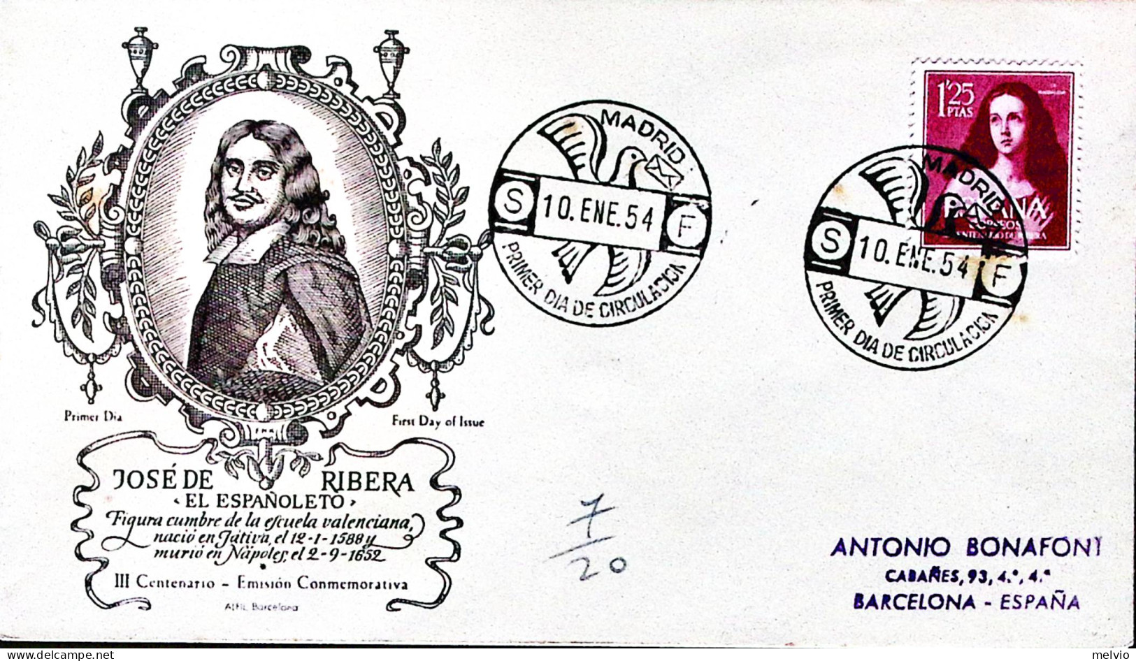 1954-SPAGNA Pittore J. De Ribera (840) Fdc - Autres & Non Classés
