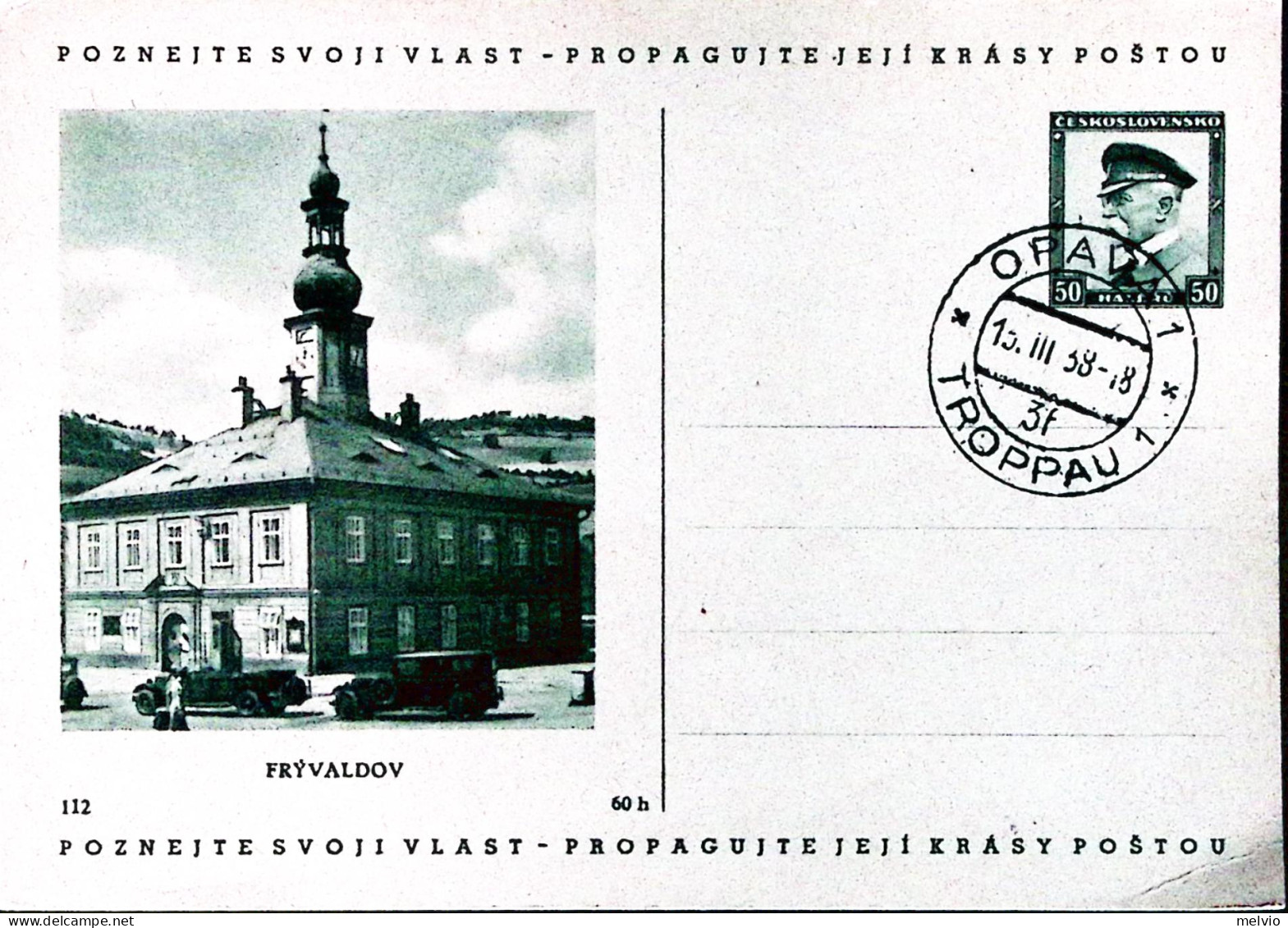 1938-CECOSLOVACCHIA Cartolina Postale H.50 Pubblicitaria Pryvaldov Annullo Tropp - Andere & Zonder Classificatie