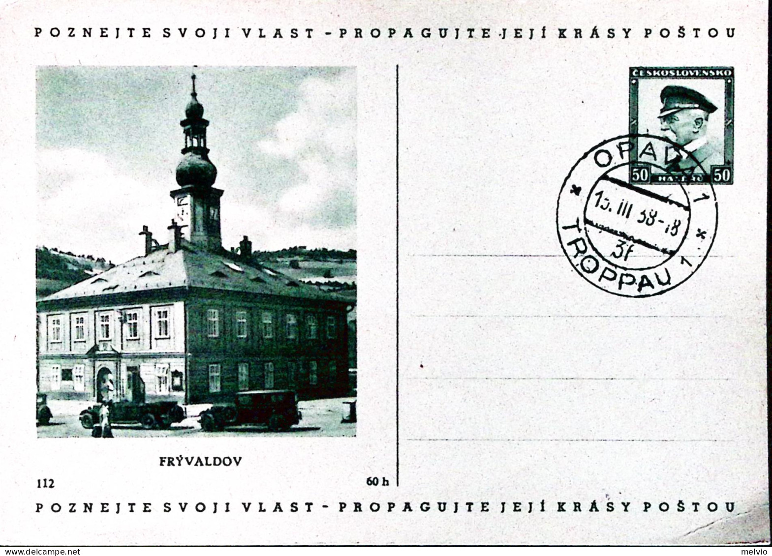 1938-CECOSLOVACCHIA Cartolina Postale H.50 Pubblicitaria Pryvaldov Annullo Tropp - Other & Unclassified