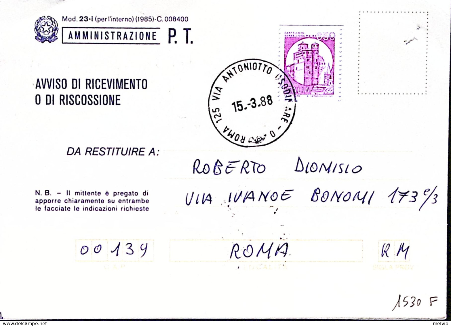 1988-CASTELLI In BOBINA Lire 650 Su Avviso Ricevimento - 1981-90: Marcofilie