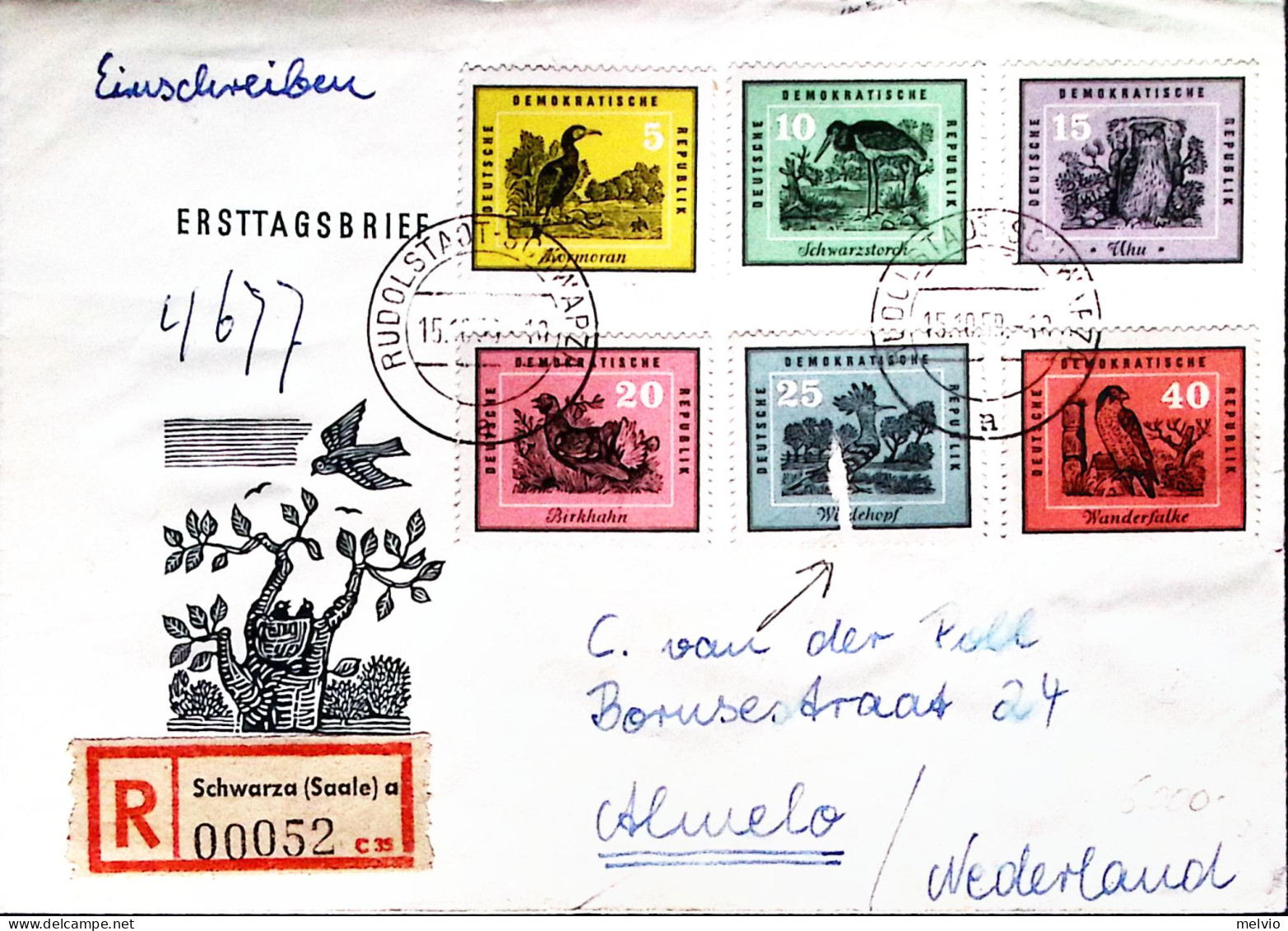 1959-GERMANIA DDR UCCELLI Serie Cpl. (413/8 P.25 Dif.) Su Racc. - Briefe U. Dokumente