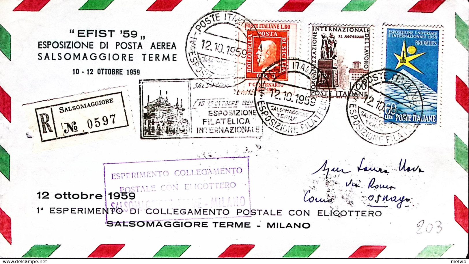 1959-Esperimento Collegamento Postale Con Elicottero Salsomaggiore-Milano (12.10 - Poste Aérienne