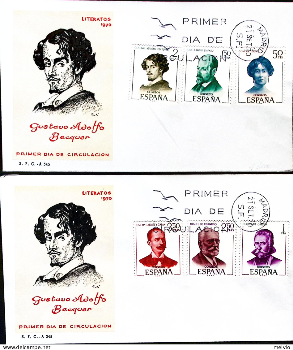 1970-SPAGNA Letterati Celebri Serie Cpl. (1645/0) Due Fdc - Altri & Non Classificati