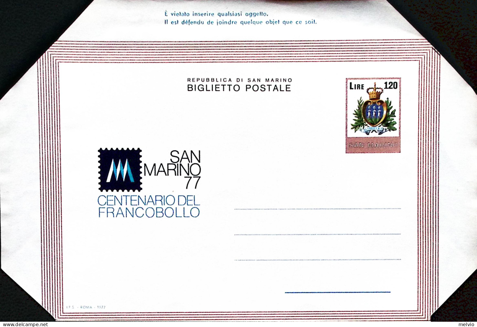 1977-SAN MARINO Biglietto Postale Lire 120 100 Francobollo Sanmarinese Nuovo - Postal Stationery