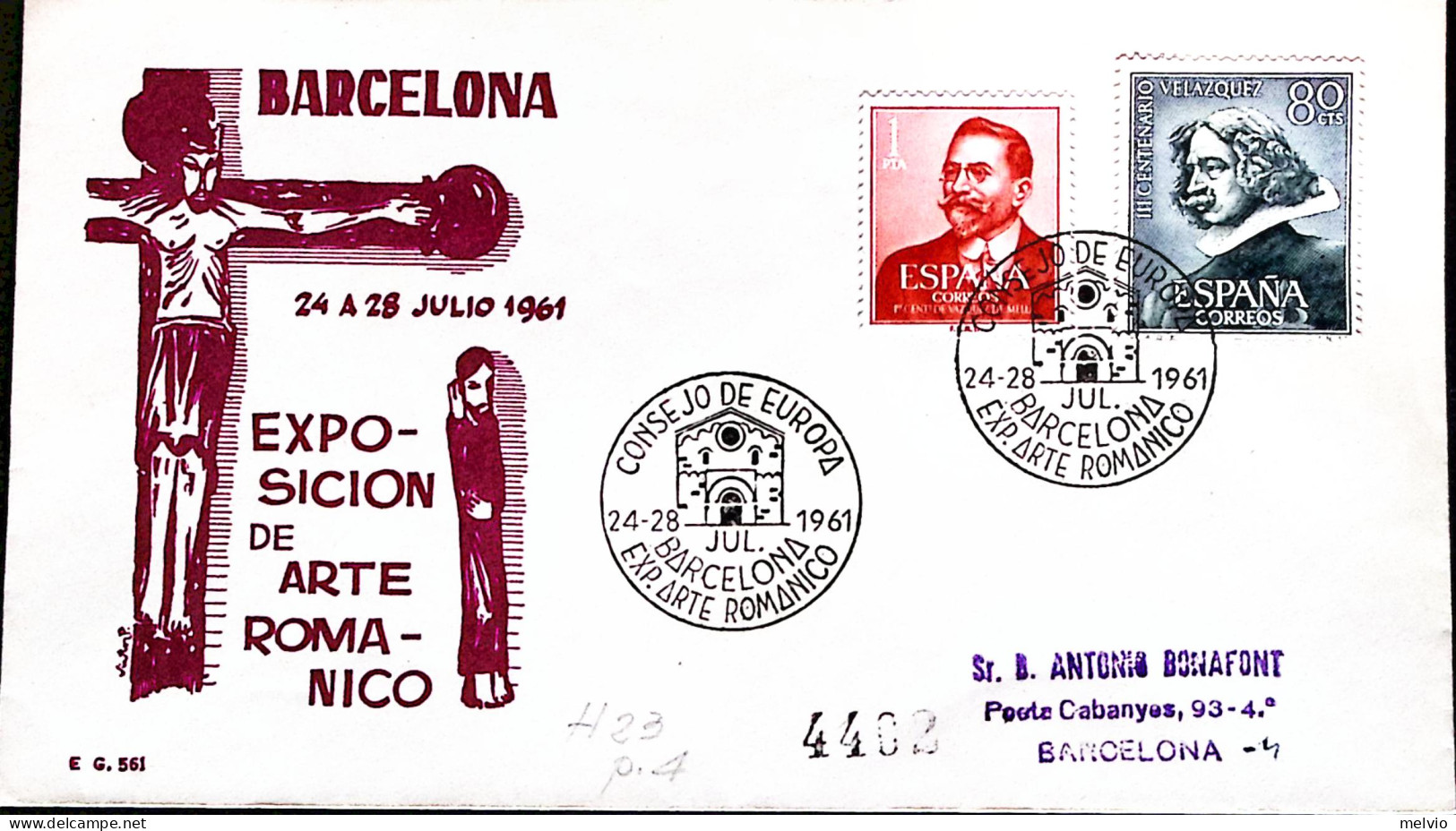1961-SPAGNA Barcellona Espos. Arte Romanica Consiglio Europa Annullo Speciale (2 - Altri & Non Classificati