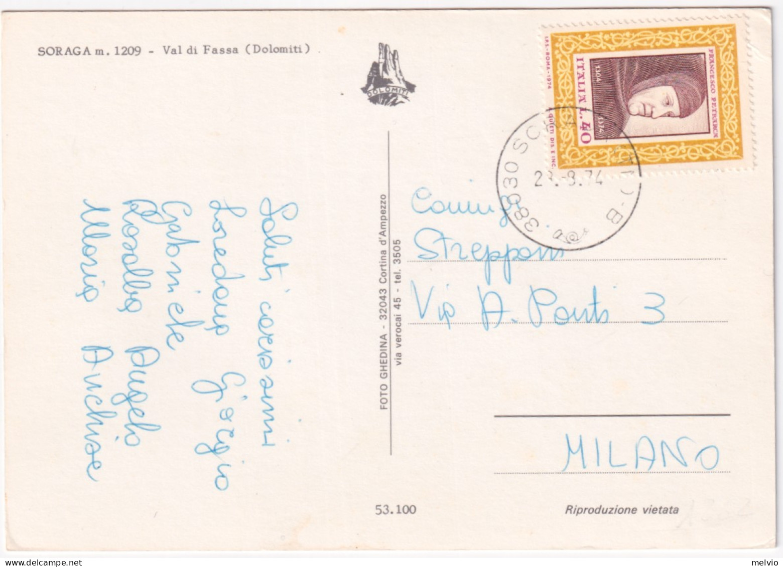 1974-SORAGA Val Di Fassa Viaggiata Affrancata Petrarca Lire 40 (1262) Isolato - 1971-80: Poststempel
