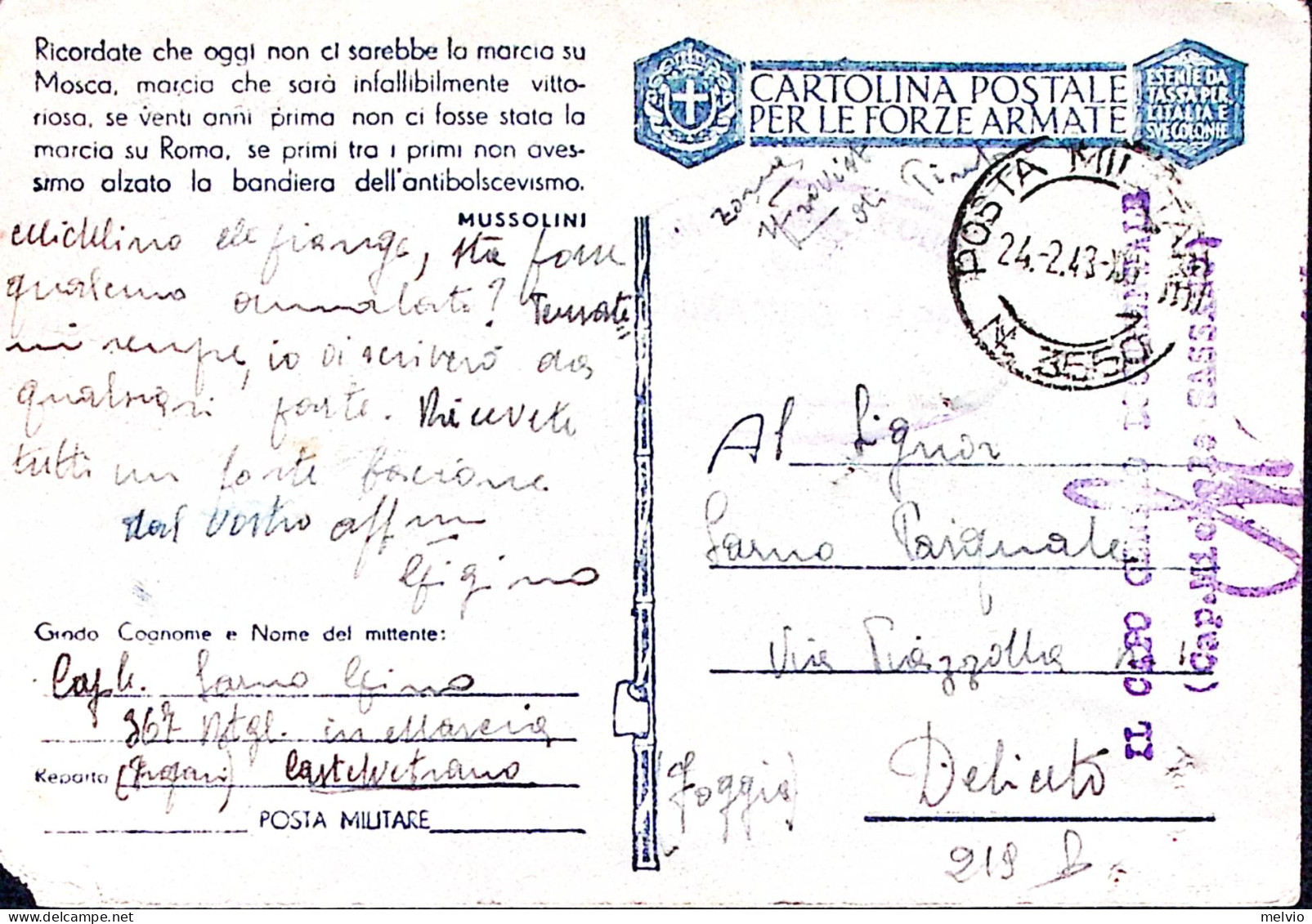 1943-CASTELVETRANO Manoscr. Su Cartolina Franchigia Posta Militare N 3550 (2.2)  - Poststempel